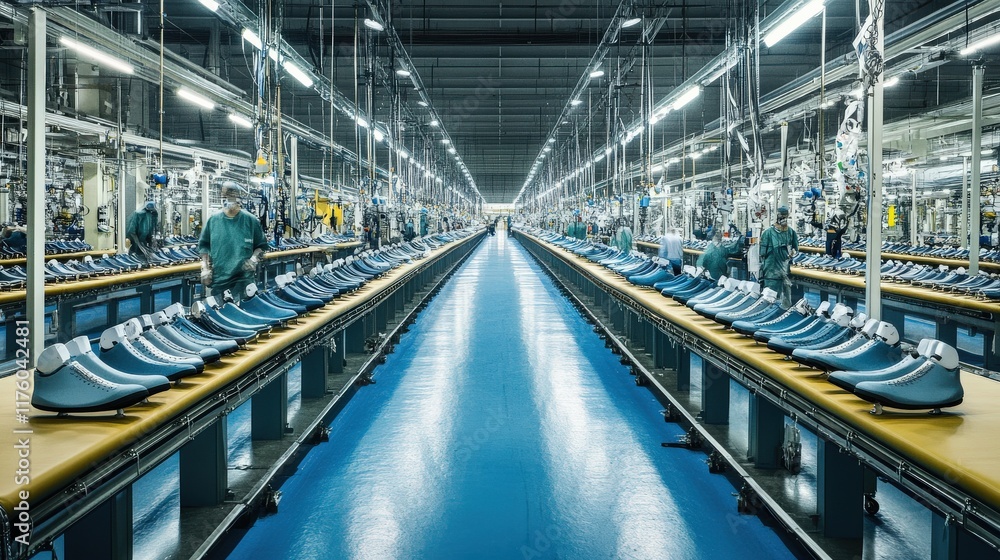 Poster industrial shoe manufacturing process in a modern factory with efficient assembly lines and workers 
