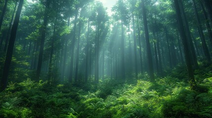 Obraz premium A serene forest scene with sunlight filtering through tall trees, creating a tranquil atmosphere.