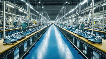 Fototapeta premium Industrial Shoe Manufacturing Process in a Modern Factory with Efficient Assembly Lines and Workers Collaboratively Creating Footwear