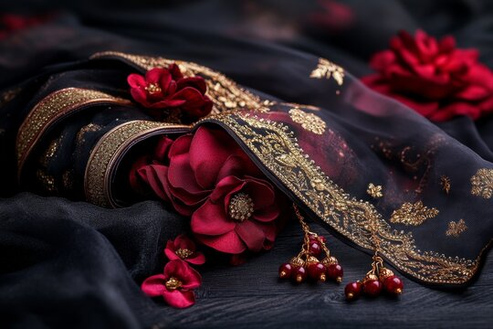 A richly decorated festive kurta with golden zari work, paired with a churidar and traditional mojari shoes