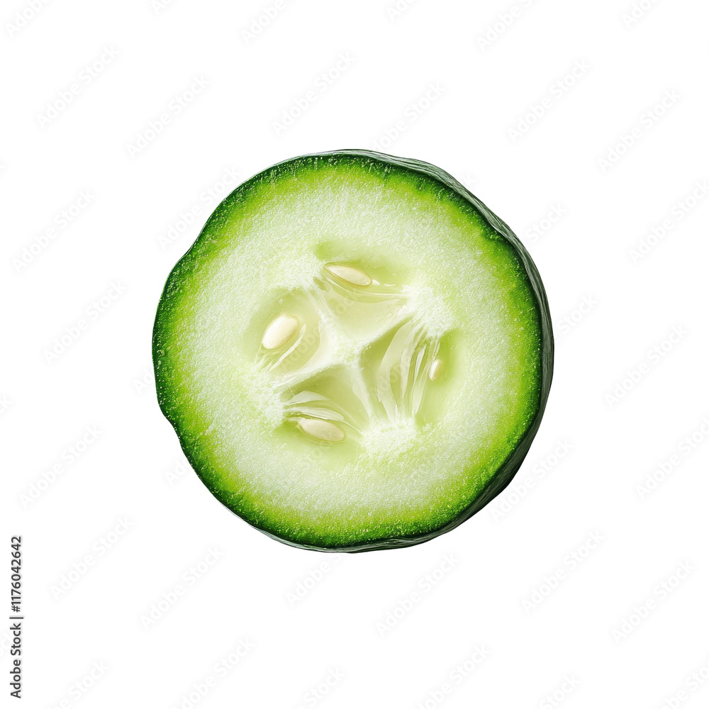 Poster a fresh cucumber slice showcasing its green skin and light flesh on a transparent background, fresh 
