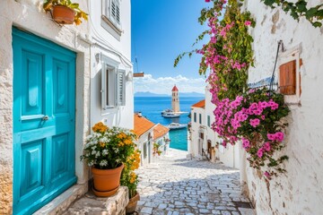 Fototapeta premium A scenic coastal town in Kvarner, with terracotta rooftops, cobblestone streets, and the Adriatic Sea in the background