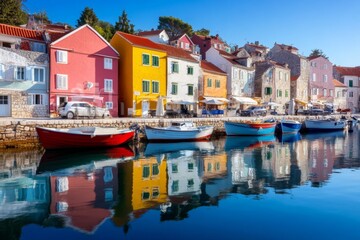 Obraz premium A serene island village in Kvarner, with stone houses clustered around a small harbor under a clear blue sky