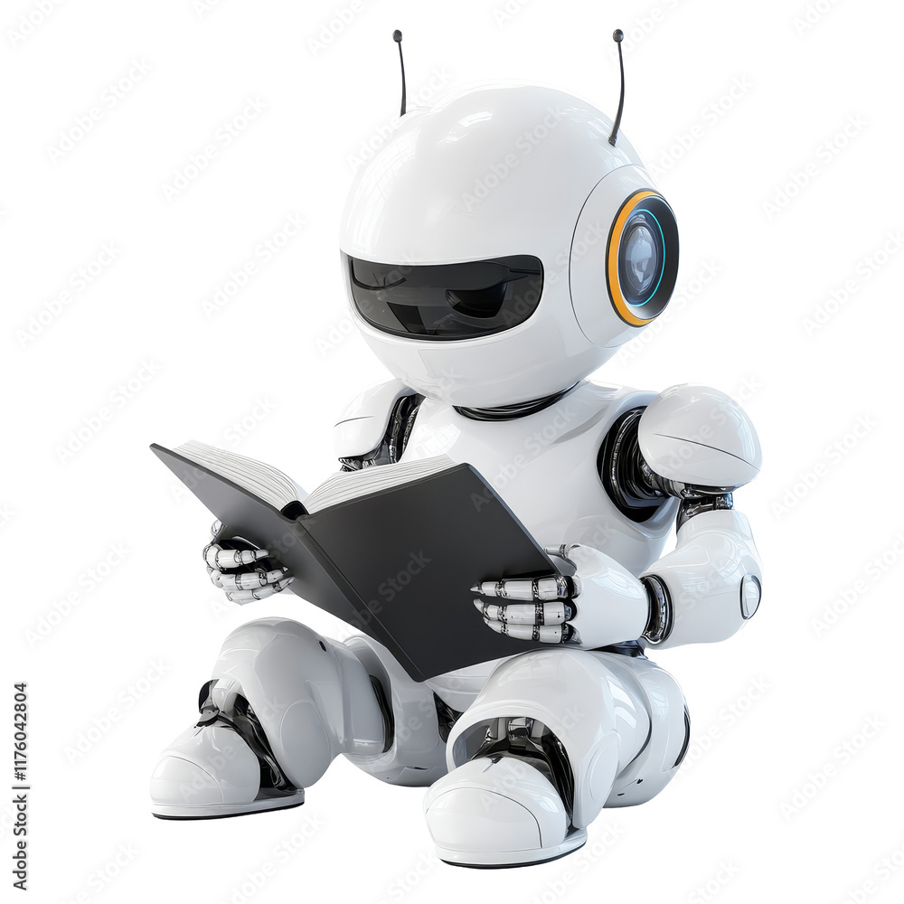 Poster a cheerful humanoid android enjoys reading a book on a transparent background, showcasing a blend of