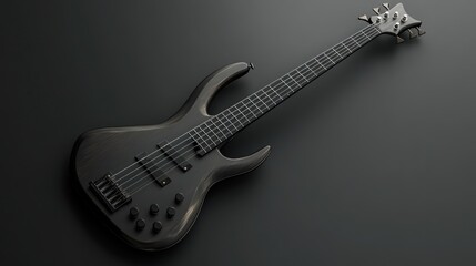 Fototapeta premium Sleek black electric bass guitar on dark background. (1)