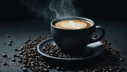 Coffee cup with latte art placed on a dark surface surrounded by coffee beans