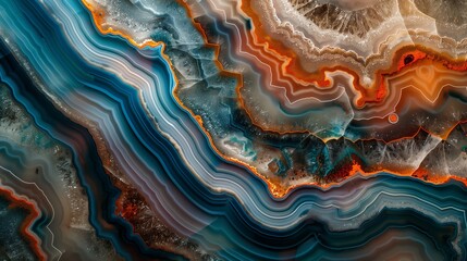 A vibrant close-up of colorful agate layers showcasing intricate patterns in shades of blue, orange, and brown, creating a stunning abstract geological design