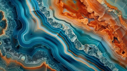 A mesmerizing close-up of agate stone layers with vivid blue, orange, and white hues, featuring intricate patterns, textures, and natural crystallized details
