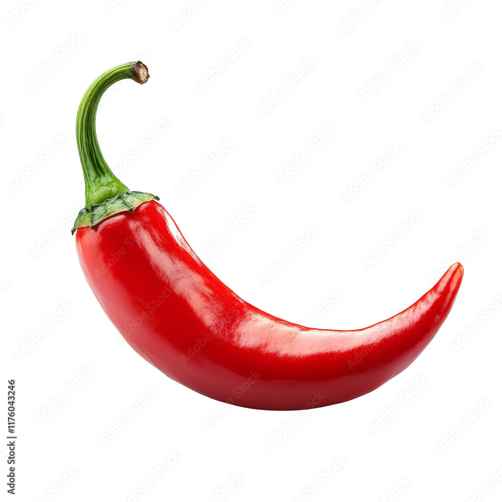 Poster vibrant red chili pepper with a curved shape isolated on a clean transparent background in a studio 