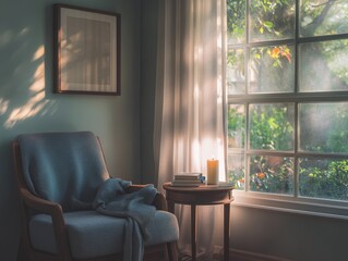 Fototapeta premium A chair with a blanket on it and a table with a candle and books