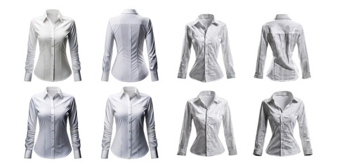 Various views of a white women's dress shirt on a transparent background
