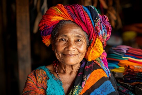 A traditional Guna woman wearing colorful molas (handcrafted textiles) in a bustling village market in Panama