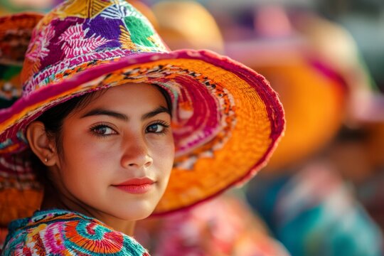 A traditional Guna woman wearing colorful molas (handcrafted textiles) in a bustling village market in Panama