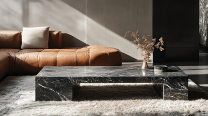 Modern living room with leather sofa, marble coffee table, and fluffy rug.