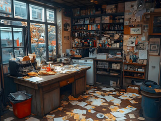 Messy cluttered vintage shop interior with papers scattered on the floor, wooden desk, shelves, and window.