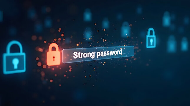 A glowing password field with a "strong password" being entered, surrounded by floating lock icons