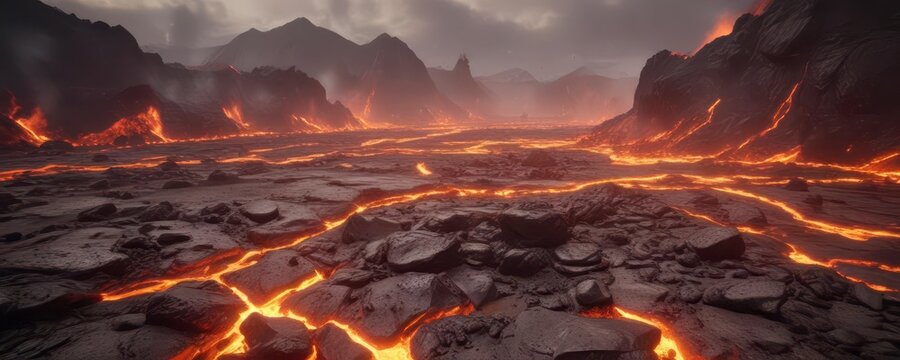Gridiron field ablaze with fiery embers and molten lava,  lava,  fire