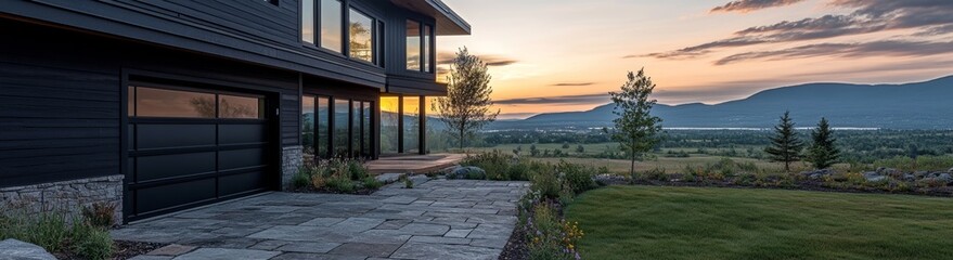 Obraz premium A large home boasting a black garage door and roof, circled by a verdant green lawn, and featuring a driveway that approaches the entrance