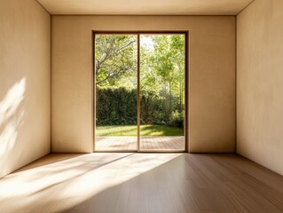 Obraz premium A room with a large window and a door