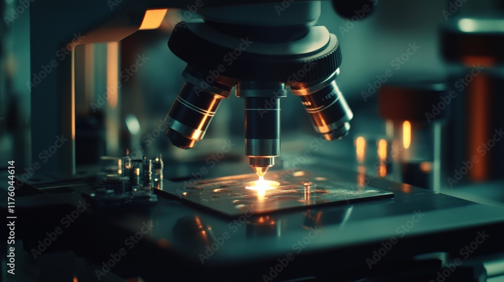 Aufkleber close-up view of a high-tech microscope illuminating a sample with brilliant light in a scientific l