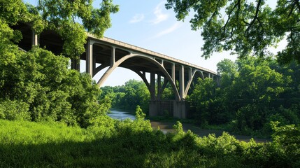 Fototapeta premium A scenic view of a bridge surrounded by lush greenery.