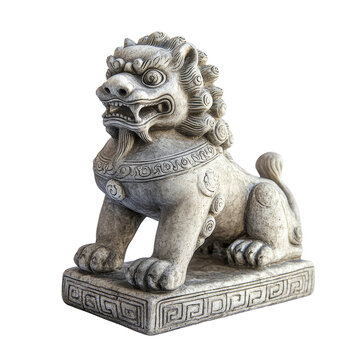 A majestic Chinese guardian lion foo dog statue with intricate details and a touch of standing alone against, Chinese guardian lion foo dog isolated statue withtransparent background