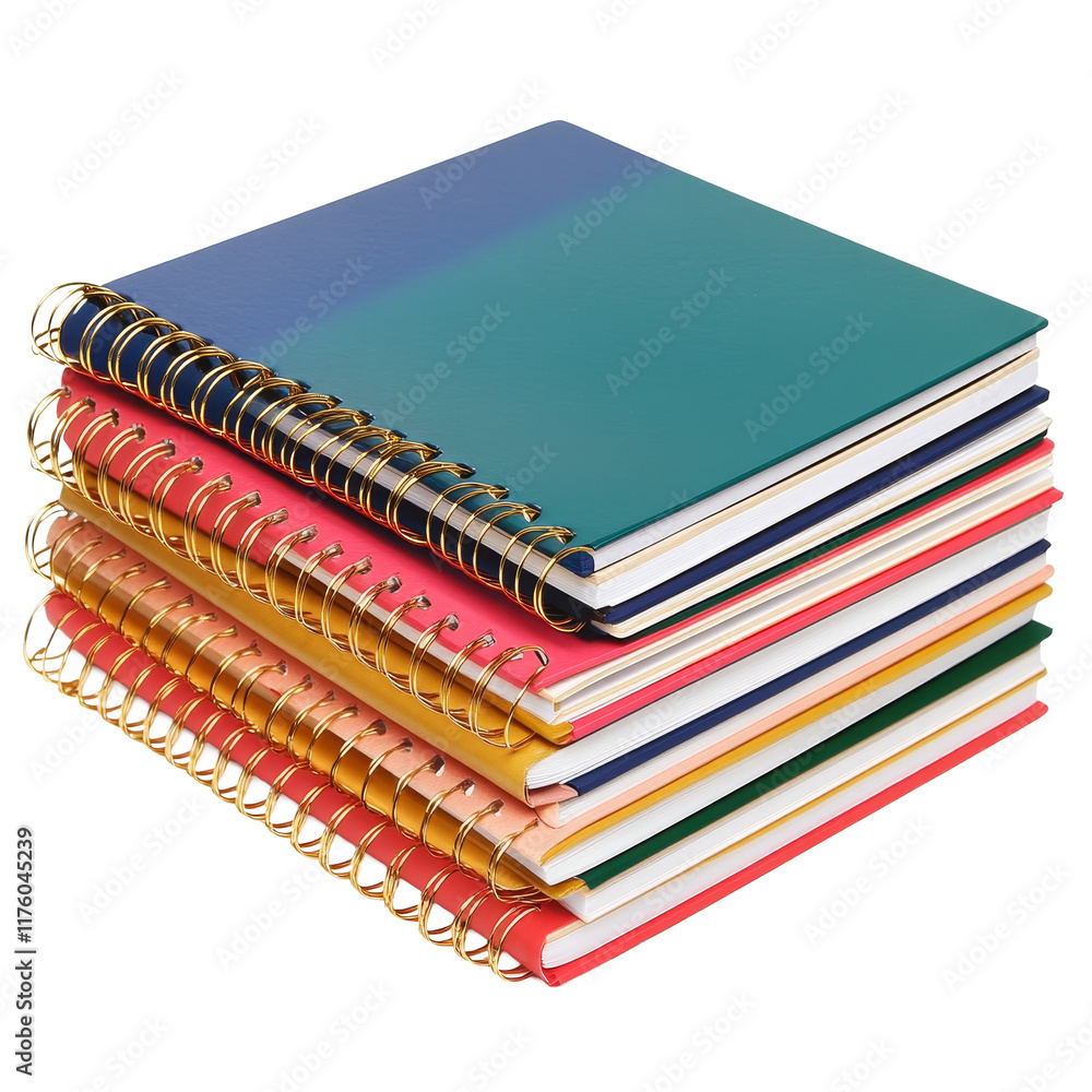 Poster a colorful stack of spiral notebooks isolated against a transparent background for students and offi