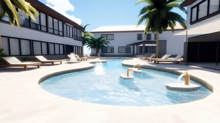 Fototapeta premium A serene pool area surrounded by modern architecture and palm trees.
