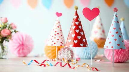 Colorful party hats and decorations for a festive celebration.