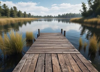 Abandoned wooden dock on a lake, weathered planks and reeds,  weathered,  water