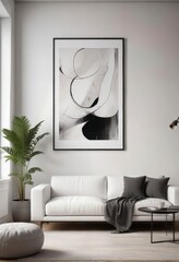 Minimalist living room with white sofa and abstract art poster ,  modern interior,  white sofa