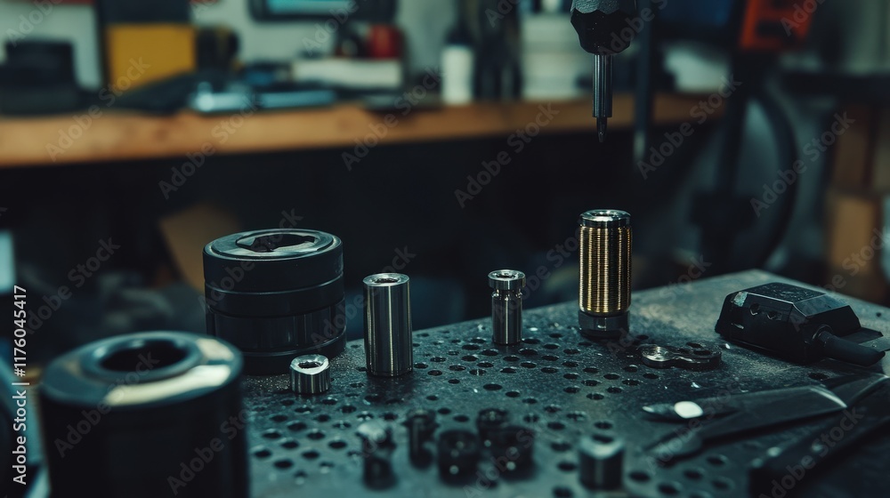 Aufkleber close-up of various precision metal parts and tools arranged on a workbench in a workshop setting, s