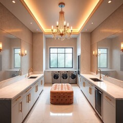 This modern kitchen features elegant design elements, including bright lighting, white cabinetry, and gold accents. A stylish round ottoman sits in the center, enhancing the spacious layout.