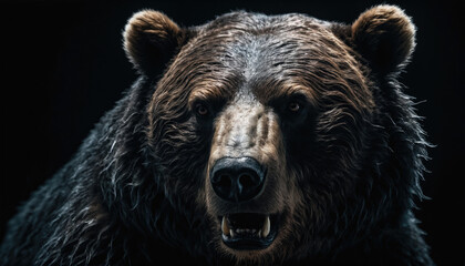 Fototapeta premium Majestic bear gazes intensely with powerful presence against a dark background, capturing raw wilderness spirit