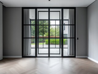 A large window with a curtain in the middle