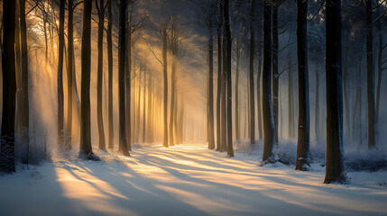 Ethereal Dawn: Sunlight Illuminating a Snow-Covered Forest's Serene Beauty