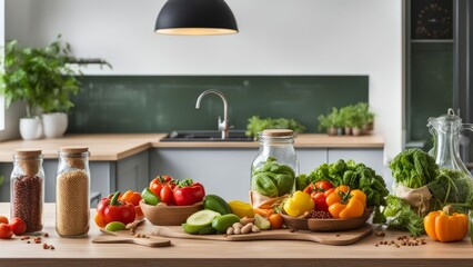 Attractive display of fresh vegetables and herbs in stylish kitchen. Bright colors of tomatoes and lemons elevate atmosphere. Perfect for cooking inspiration, lifestyle promotions, and food blogs.