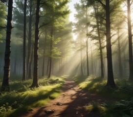 Fototapeta premium Panorama of a forest clearing with sunlight breaking through trees , light, nature