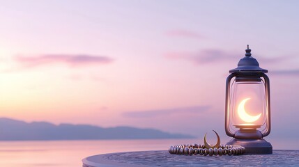 A serene lantern casting a crescent light by the water at dusk.