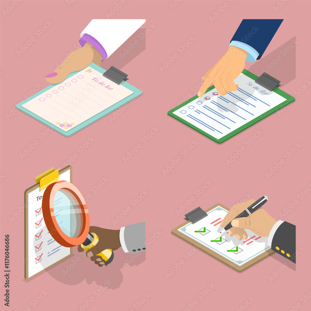 Poster 3d isometric flat vector set of checklists, todo list collection