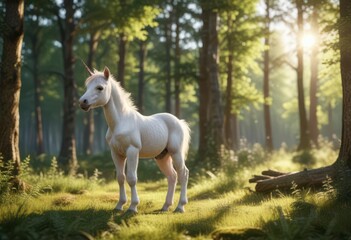 Playful unicorn foal frolicking in sunlit forest clearing,  playful,  wild