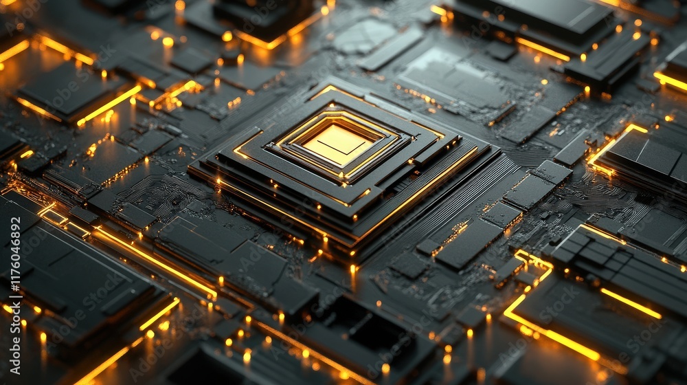Poster abstract close-up of a futuristic circuit board with intricate electronic components illuminated by 