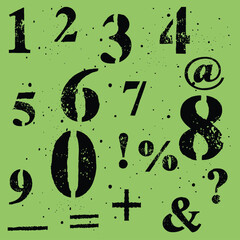 Hand written calligraphy alphabet black ink brush lettering, numbers and punctuation marks, grunge font style with ink splashes. Vector,l.eps