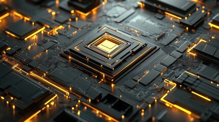 Abstract close-up of a futuristic circuit board with intricate electronic components illuminated by glowing orange lines on a textured surface