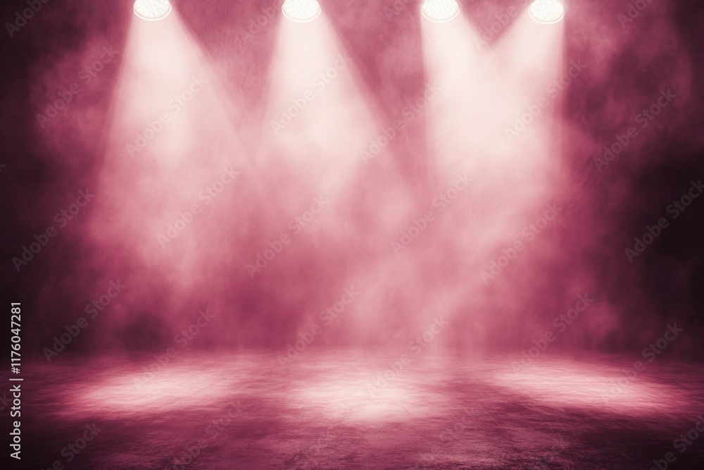 Poster a stage with pink lighting and fog, creating an atmospheric performance setting.