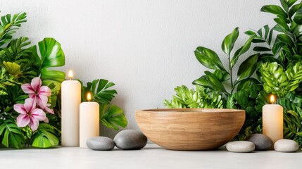 Fototapeta premium A serene spa setting with candles, stones, and tropical plants.