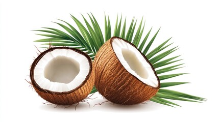 Two halves of a fresh coconut with palm leaves on white background.