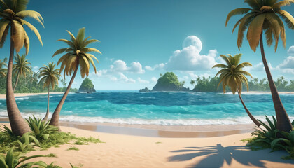 Obraz premium Tropical beach with pristine water and palm trees under a bright sky on a sunny day