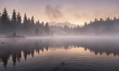 Softly glowing fog rises from misty lake surface at dawn,  mist,  landscape