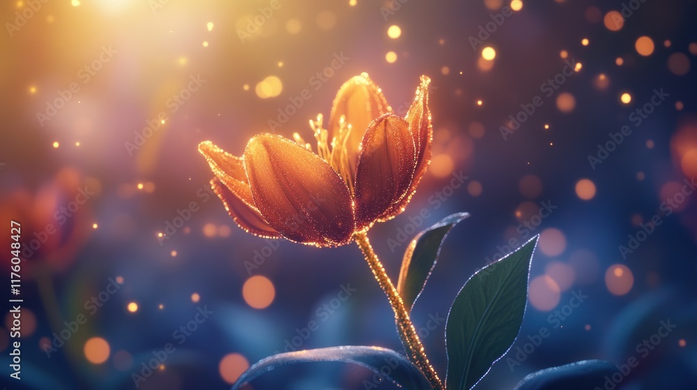 Poster delicate bloom of a glowing flower surrounded by soft light particles in an enchanted garden setting